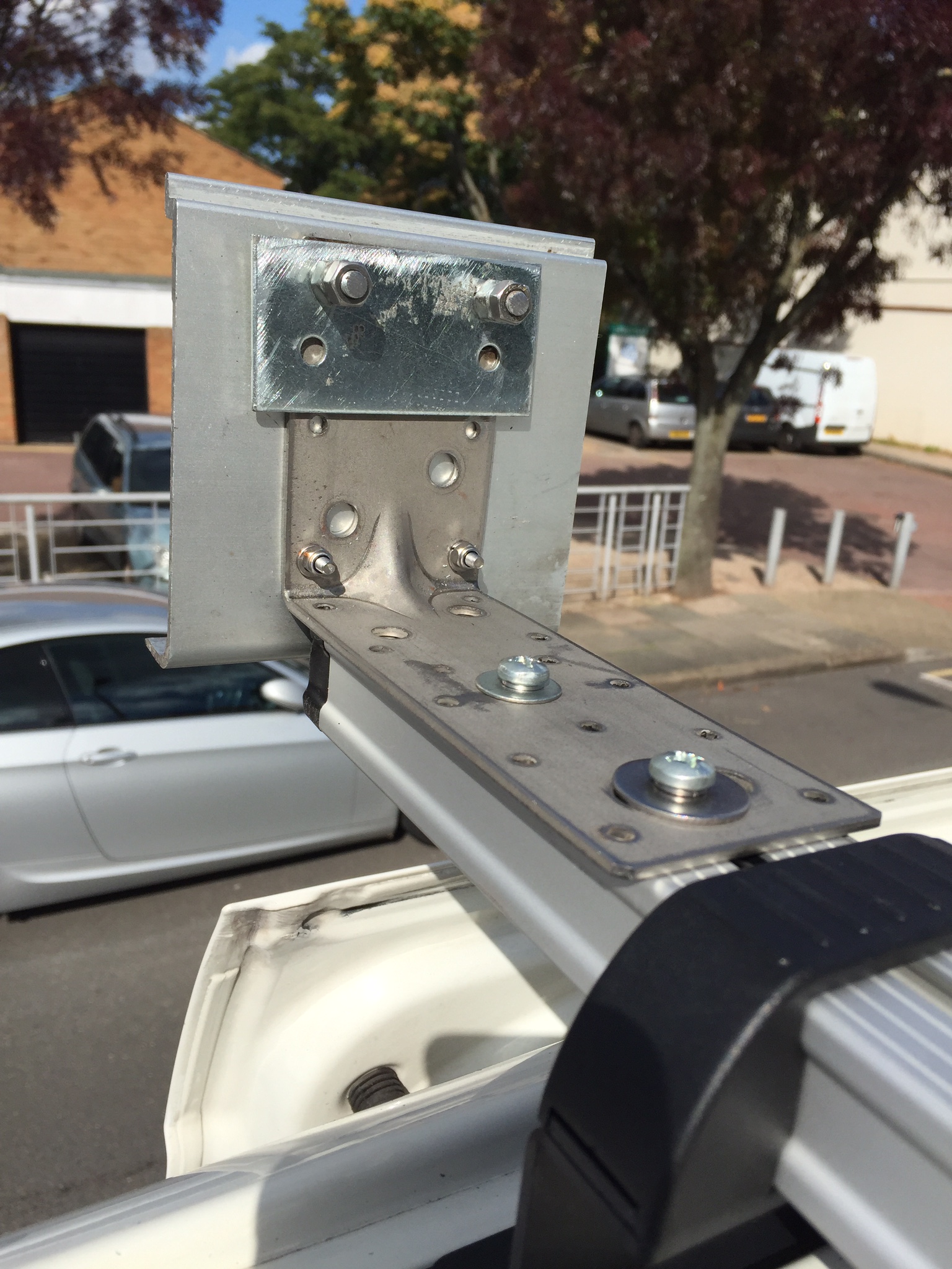 Installed awning bracket closeup